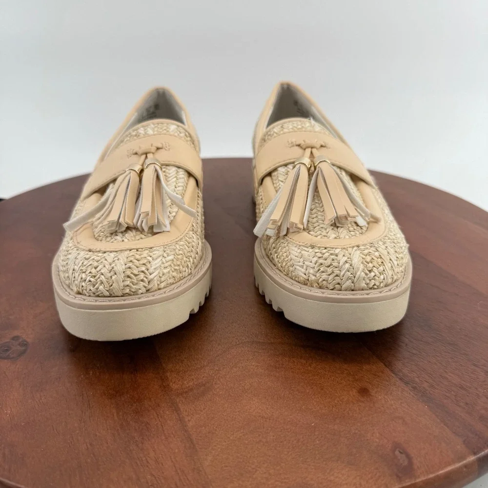 Franco Sarto Carney3 Beige Woven Raffia Tassel Lug Sole Loafers Womens 8M EUR 38